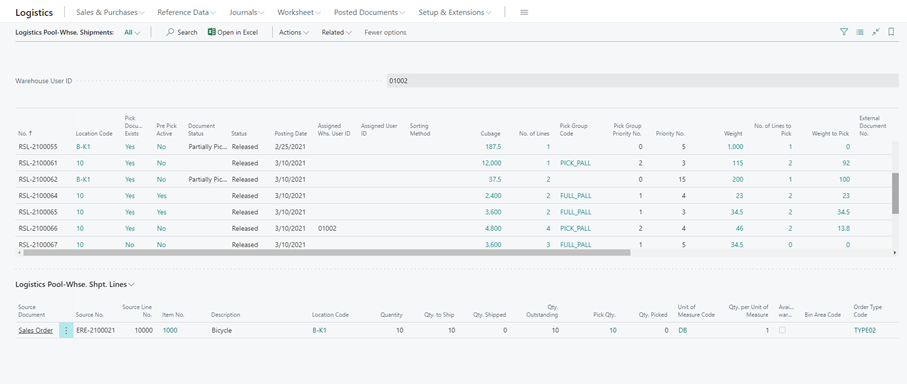 Logistics Pool-Whse. Shipments page Logistics Pool-Whse. Shipments page