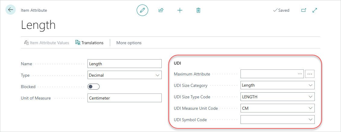 Clinical Size "Length" with assignment of UDI Size Category, UDI Size Type Code, and UDI Measure Unit Code in an Item Attribute with Type = Decimal